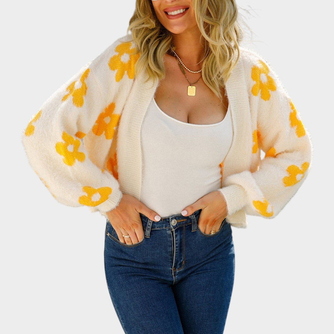 Women's Knit Cardigan Open Front Floral Print Cropped