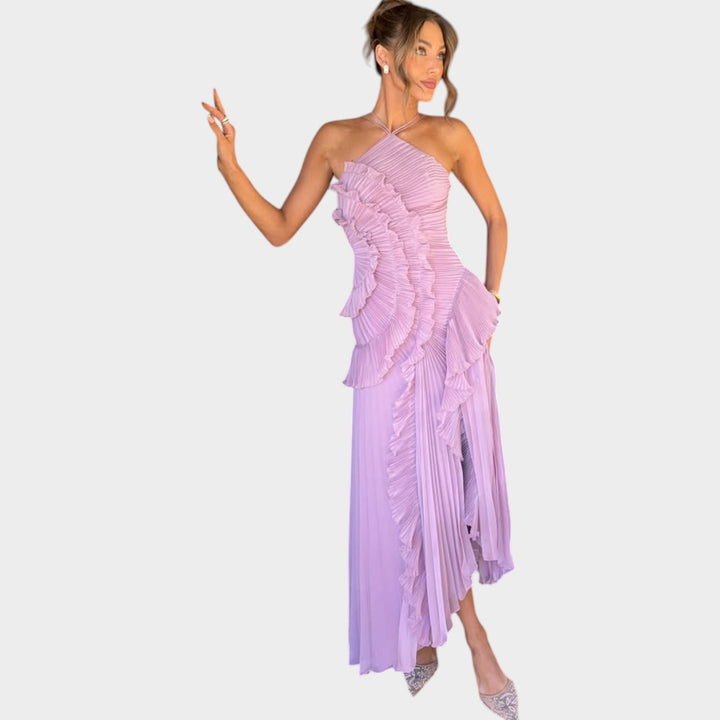 Asymmetrical Pleated Ruffle Maxi Dress