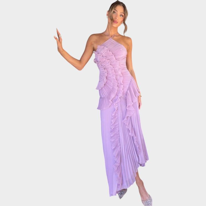 Asymmetrical Pleated Ruffle Maxi Dress