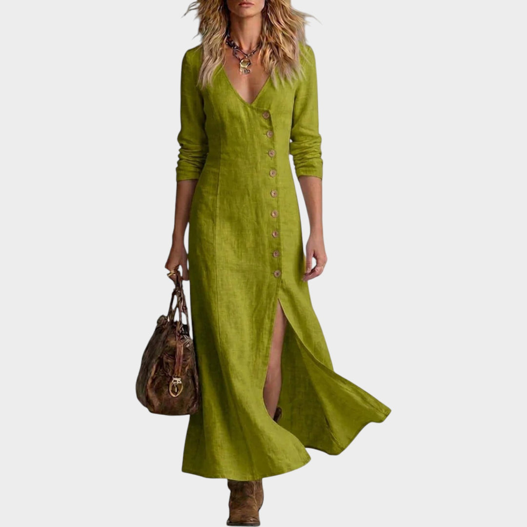Button-Front Linen Maxi Dress