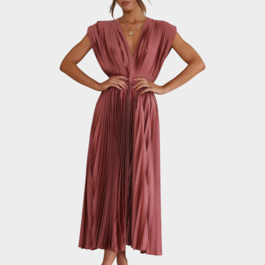 Pleated V-Neck Midi Dress