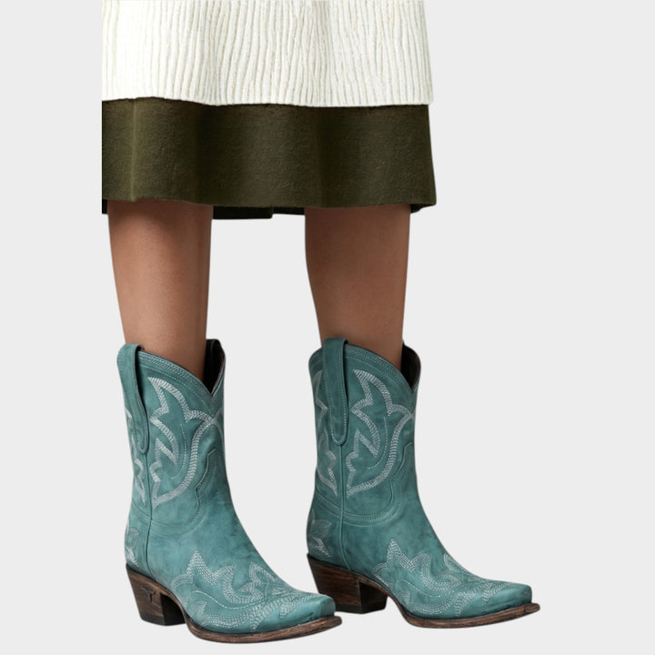 Embroidered Leather Western Mid-Calf Cowboy Boots