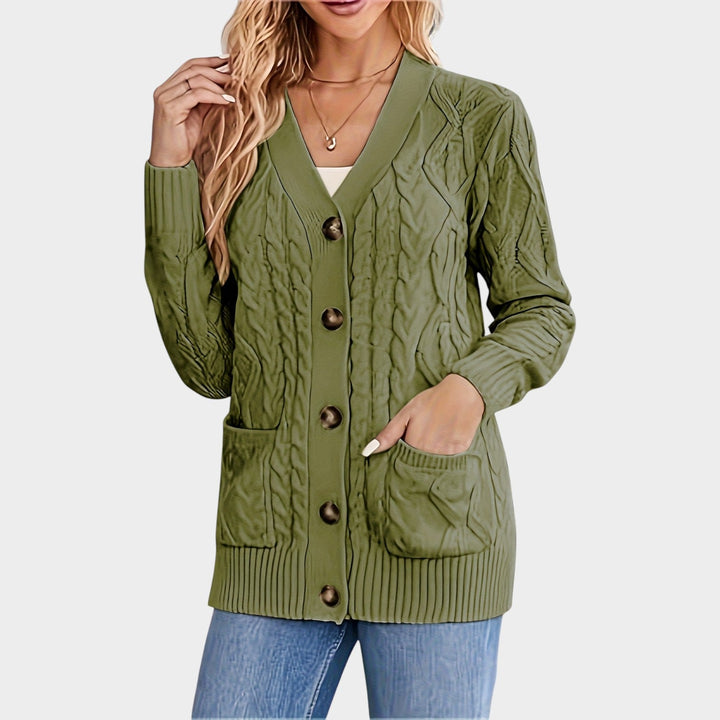 Women's Cable Knit Cardigan V Neck Button Front Mid Length