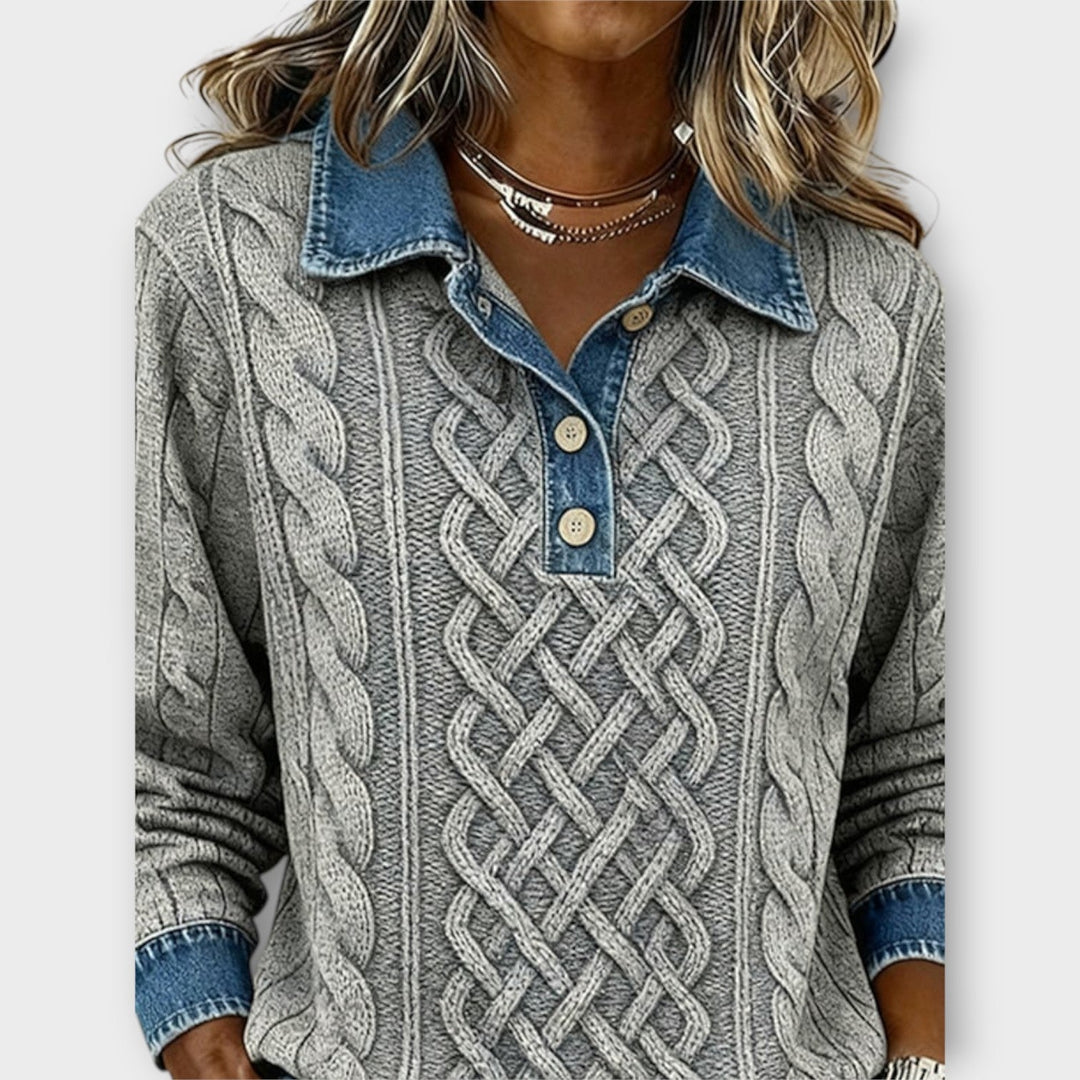 Women's Denim Collar Cable Knit Sweater