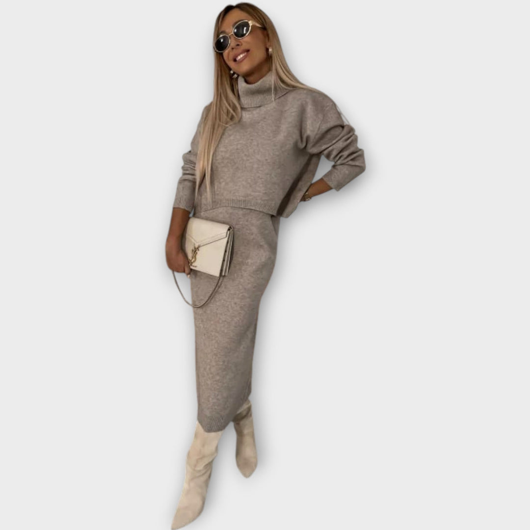 Women’s Two Piece Knit Set Turtleneck Sweater Midi Skirt