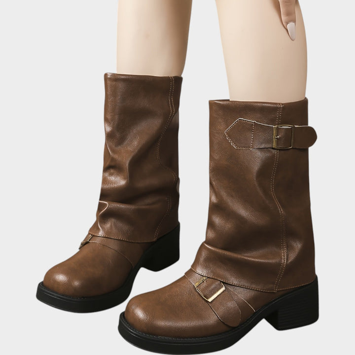 Women’s Slouch Boots Buckle Chunky Heel Thick Sole Pleated