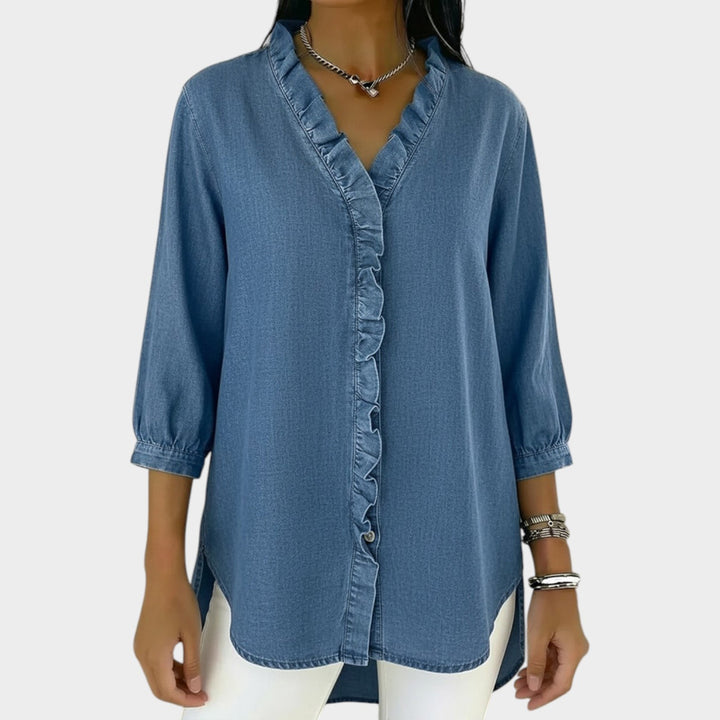 Ruffle Trim Button-Up Denim Blouse