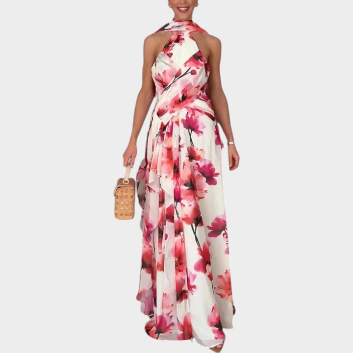 Halter-Neck Floral Chiffon Maxi Dress