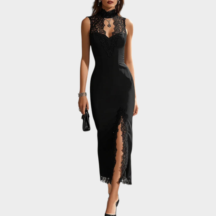 Lace Detail High-Neck Midi Dress