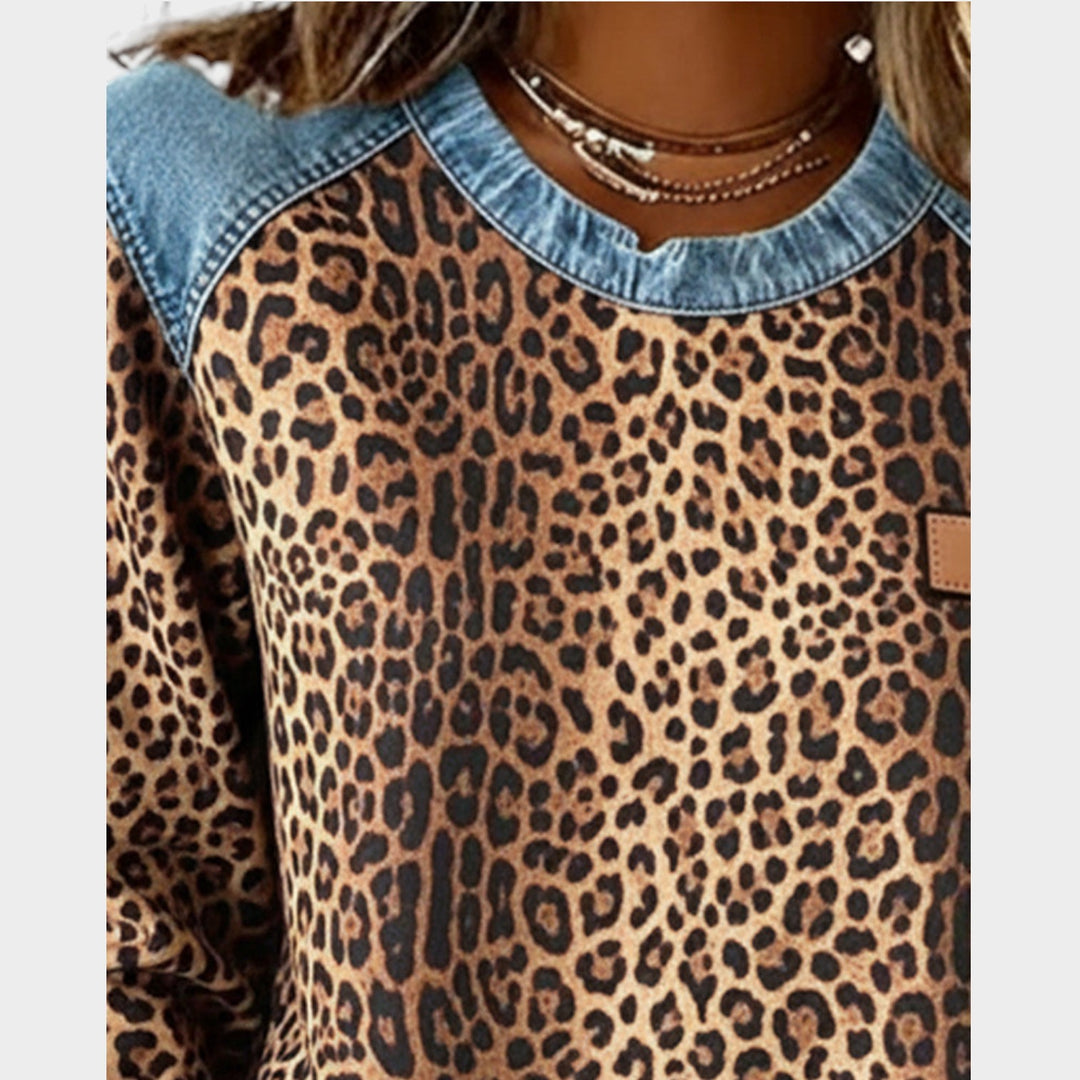 Women’s Leopard Print Denim Trim Top