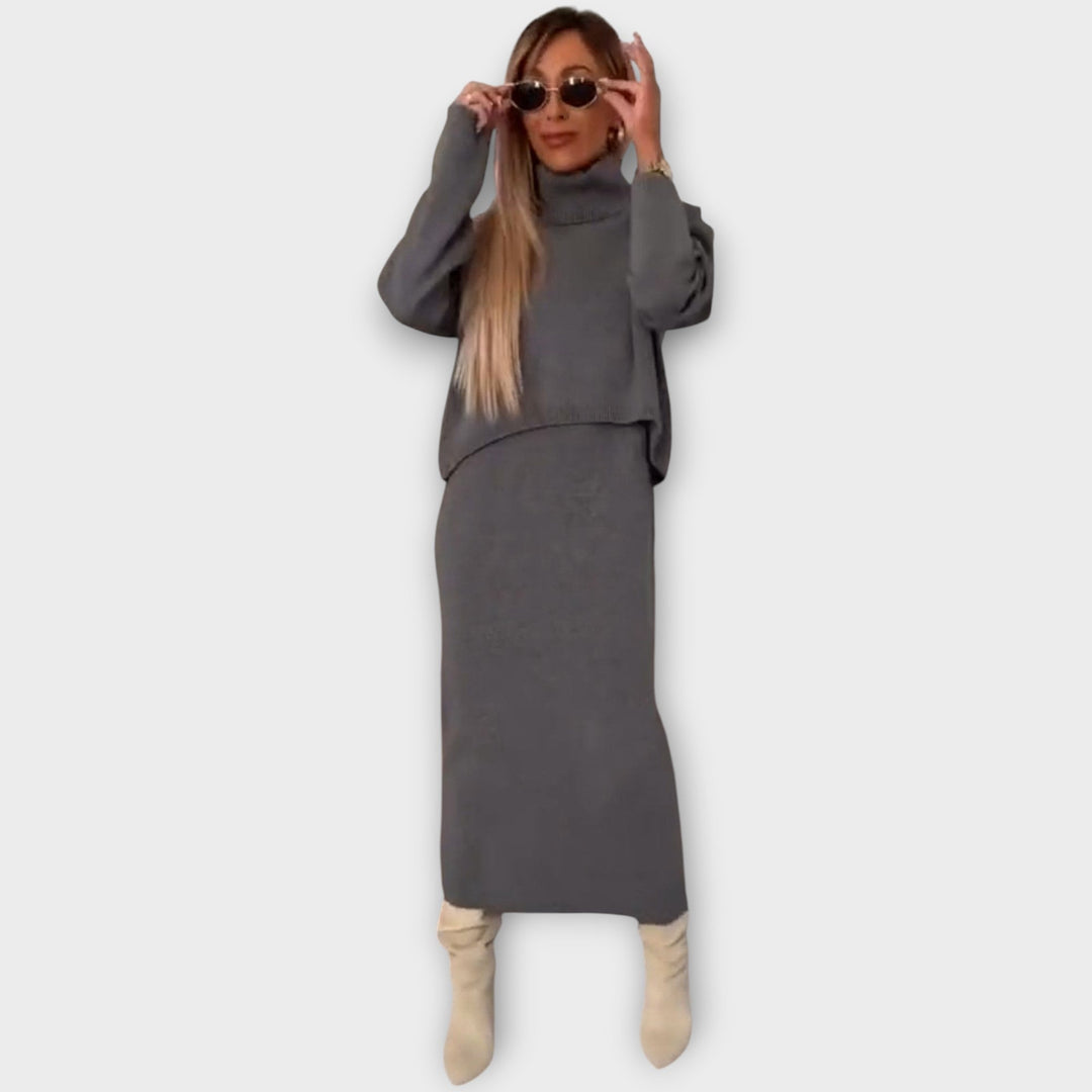 Women’s Two Piece Knit Set Turtleneck Sweater Midi Skirt