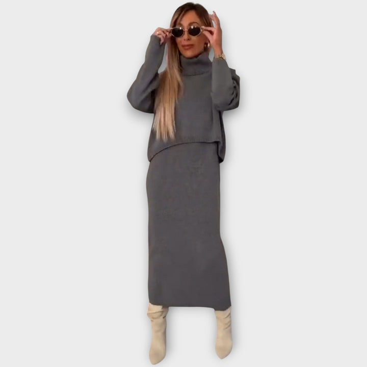 Women’s Two Piece Knit Set Turtleneck Sweater Midi Skirt
