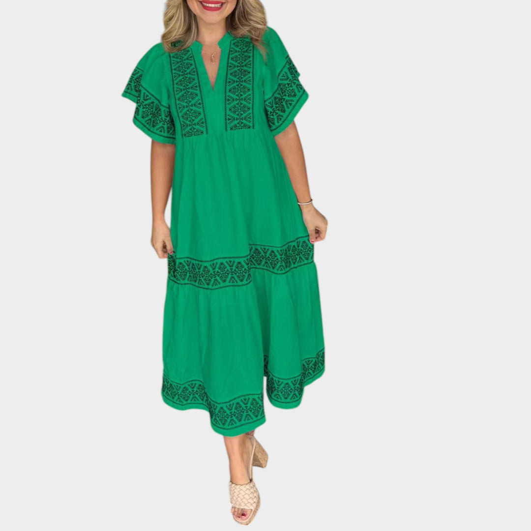 Boho Embroidered Tiered Midi Dress