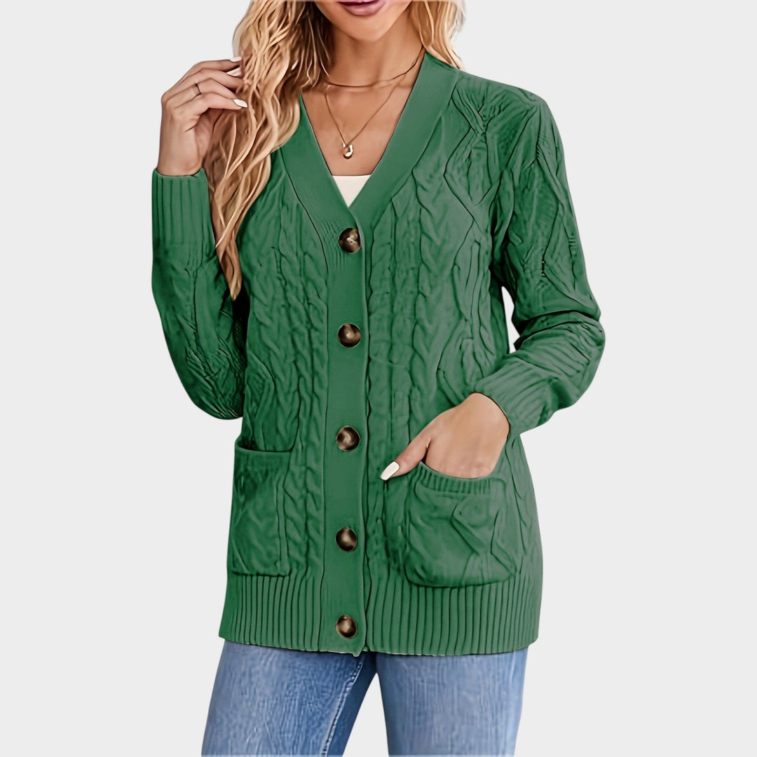 Women's Cable Knit Cardigan V Neck Button Front Mid Length