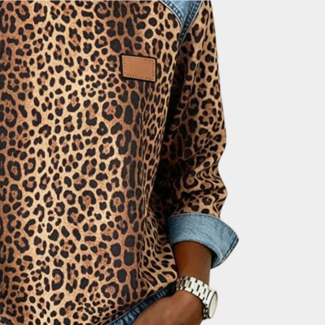 Women’s Leopard Print Denim Trim Top