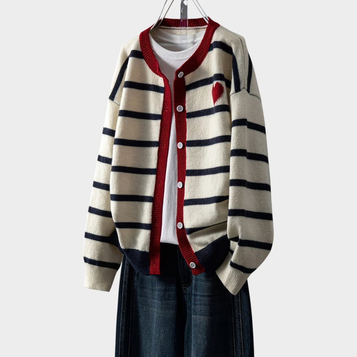 Women's Striped Knit Cardigan Heart Pattern Button Front