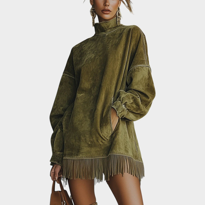 Long Sleeve Fringe Hem Knit Sweater Dress