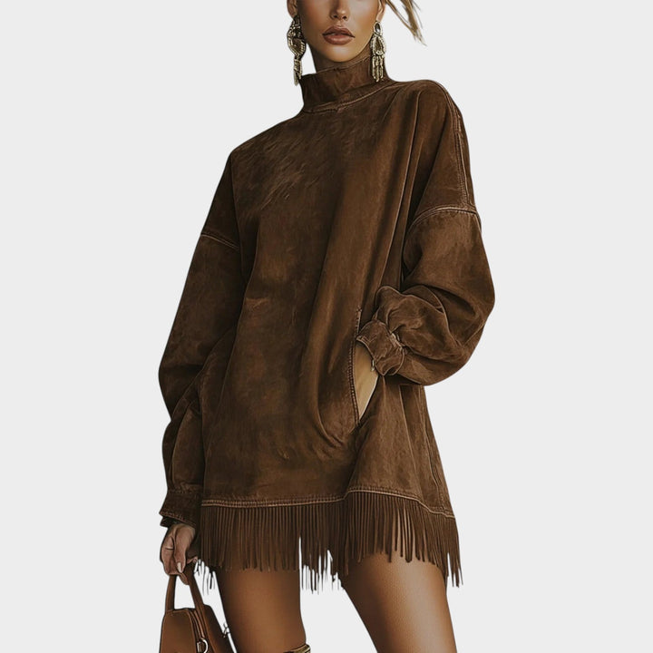 Long Sleeve Fringe Hem Knit Sweater Dress