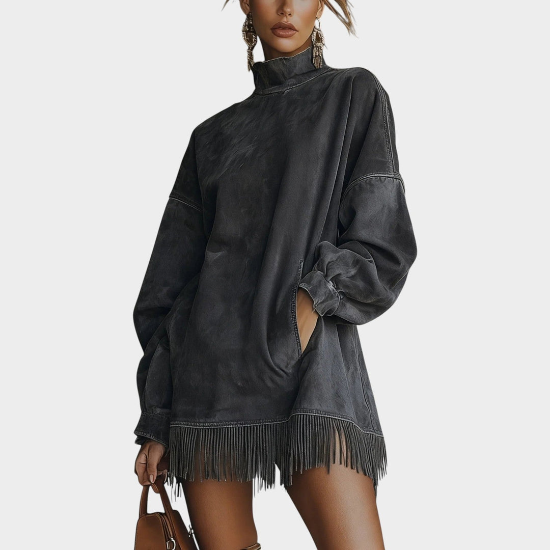 Long Sleeve Fringe Hem Knit Sweater Dress