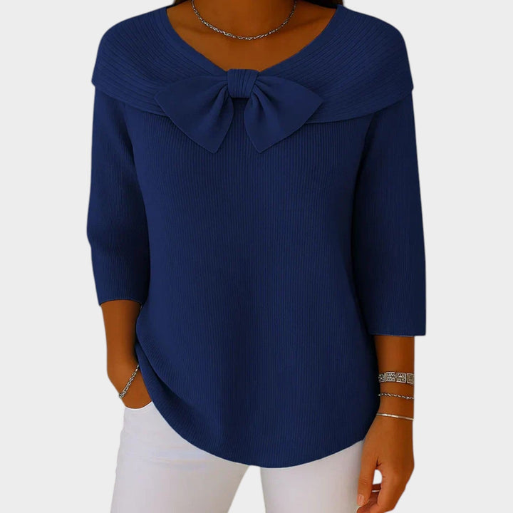 Women's Crew Neck Bow Ribbed Knit Sweater
