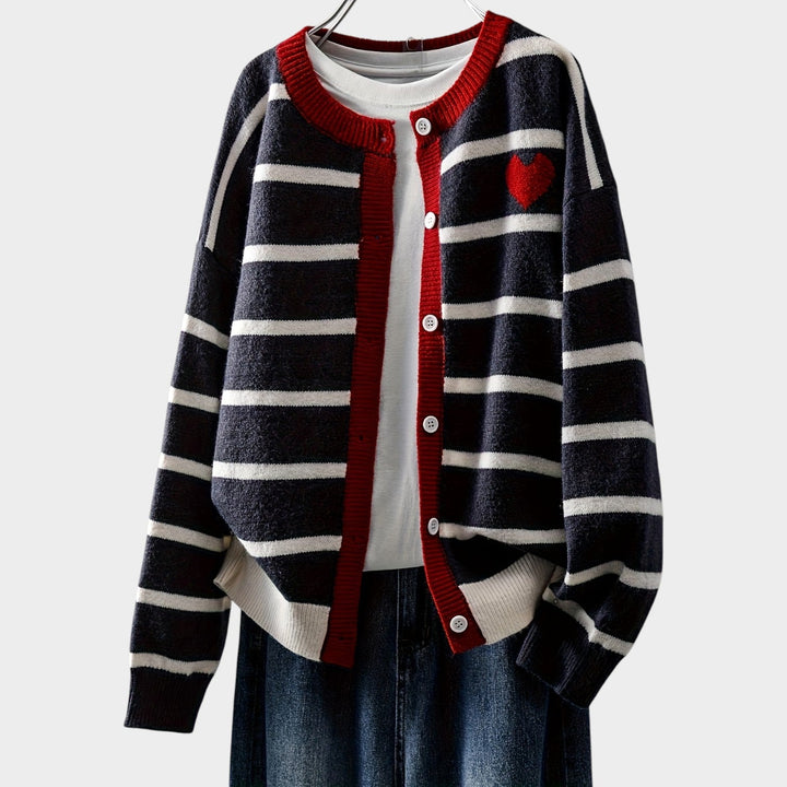Women's Striped Knit Cardigan Heart Pattern Button Front