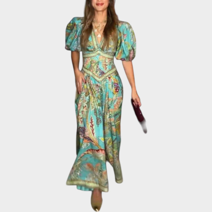 Bohemian Print Puff Sleeve Maxi Dress