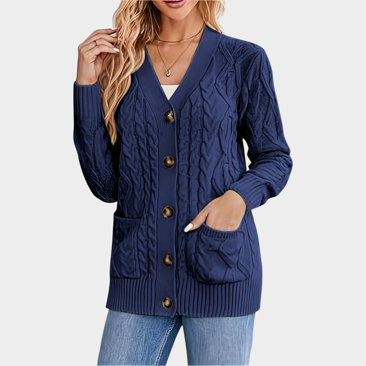 Women's Cable Knit Cardigan V Neck Button Front Mid Length