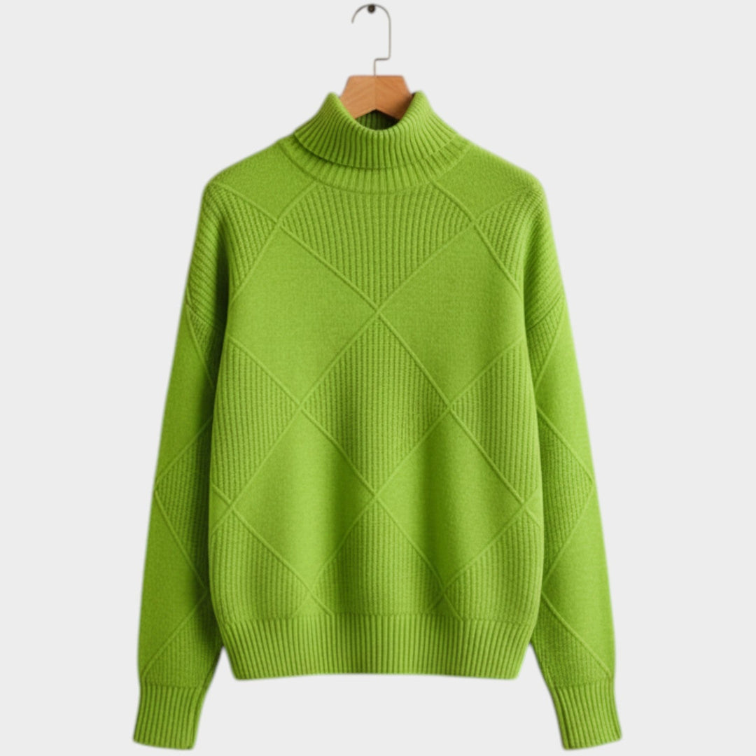 Women's Knit Turtleneck Sweater Diamond Pattern Cozy High Neckline