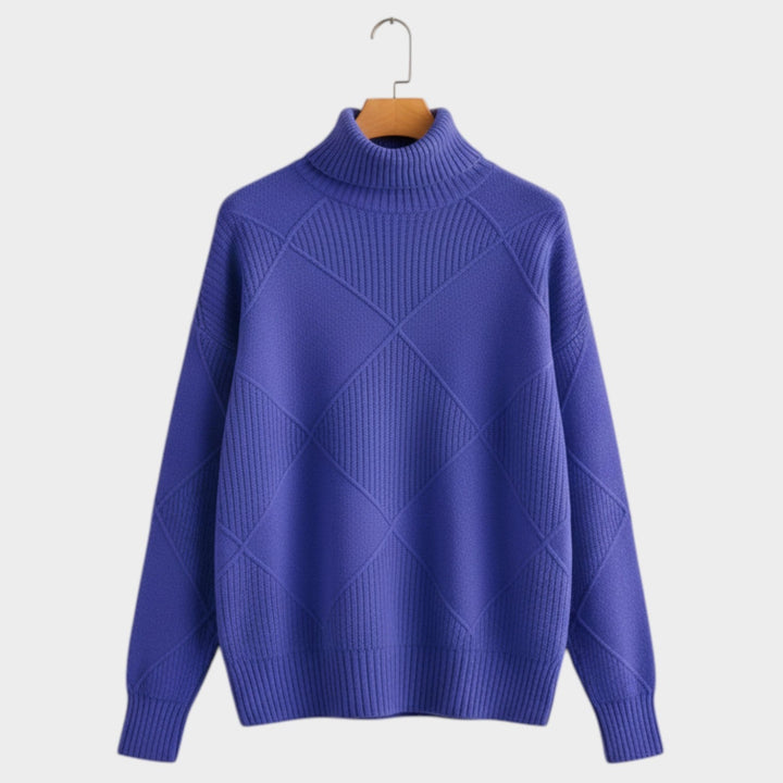 Women's Knit Turtleneck Sweater Diamond Pattern Cozy High Neckline