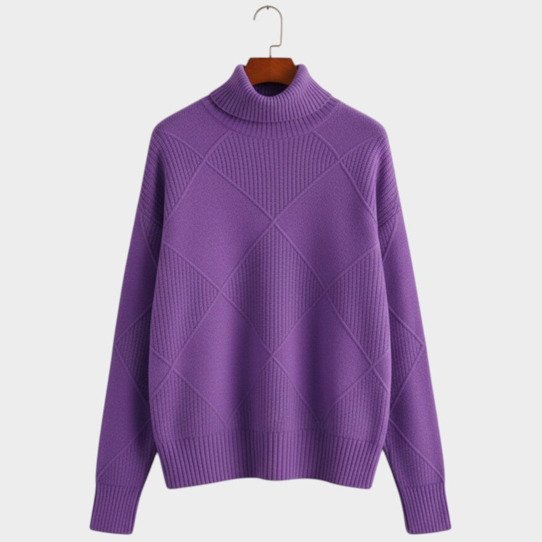 Women's Knit Turtleneck Sweater Diamond Pattern Cozy High Neckline