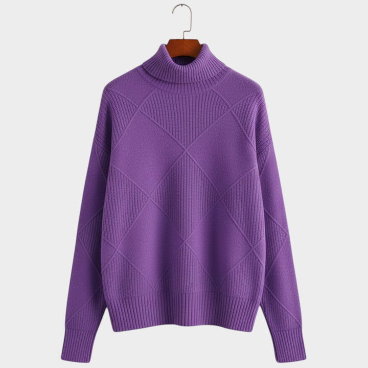 Women's Knit Turtleneck Sweater Diamond Pattern Cozy High Neckline