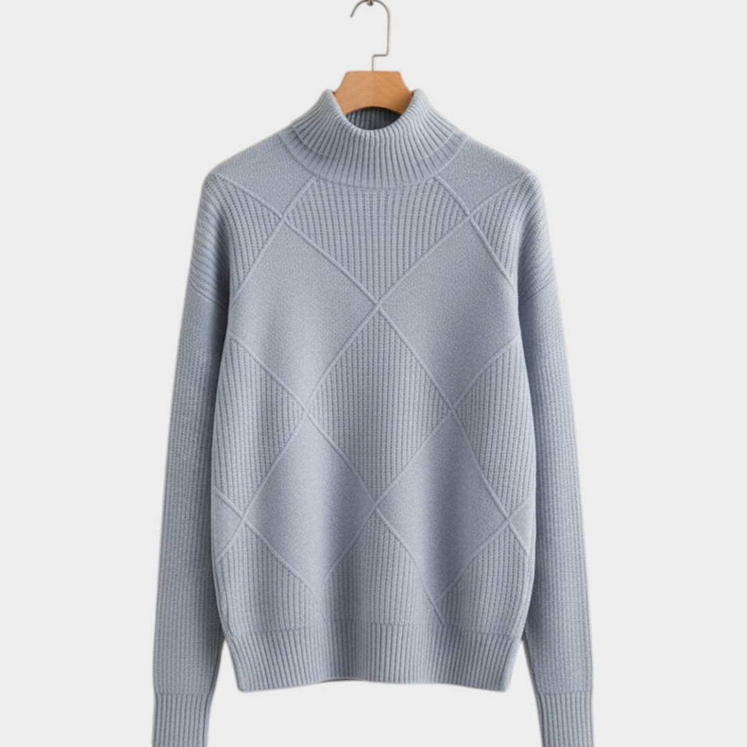Women's Knit Turtleneck Sweater Diamond Pattern Cozy High Neckline