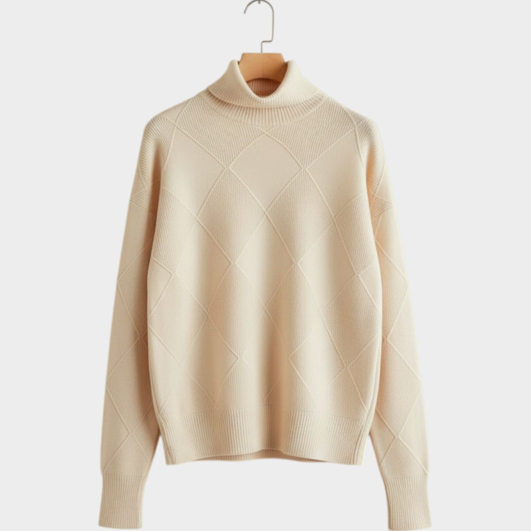 Women's Knit Turtleneck Sweater Diamond Pattern Cozy High Neckline