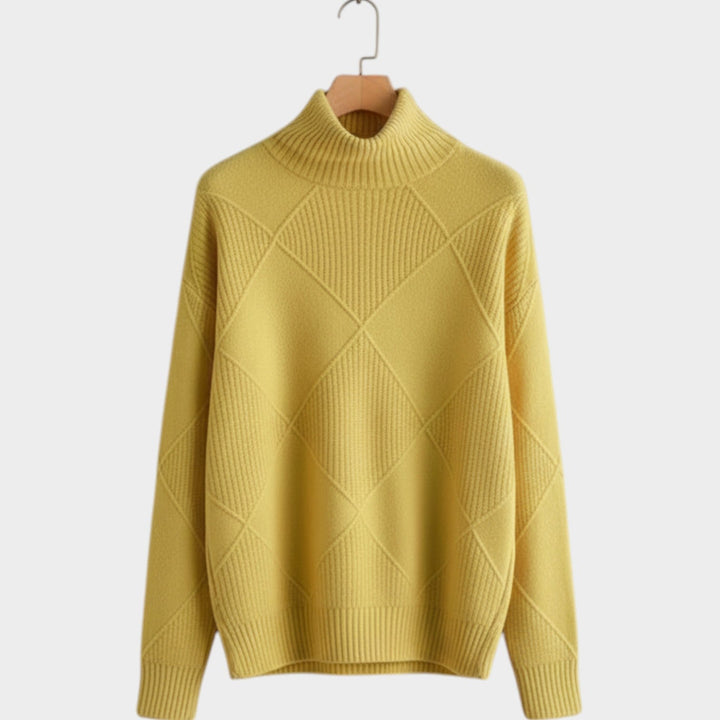 Women's Knit Turtleneck Sweater Diamond Pattern Cozy High Neckline