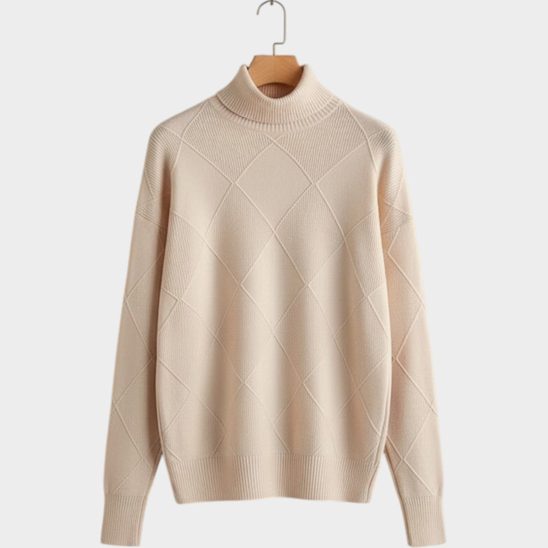 Women's Knit Turtleneck Sweater Diamond Pattern Cozy High Neckline