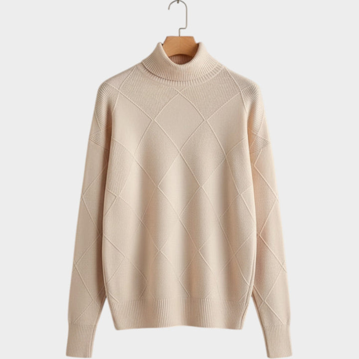 Women's Knit Turtleneck Sweater Diamond Pattern Cozy High Neckline