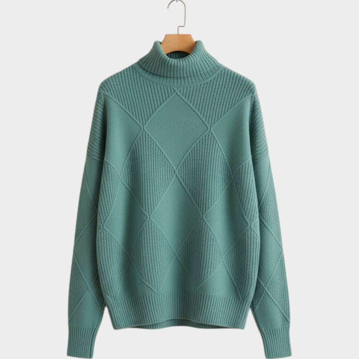 Women's Knit Turtleneck Sweater Diamond Pattern Cozy High Neckline