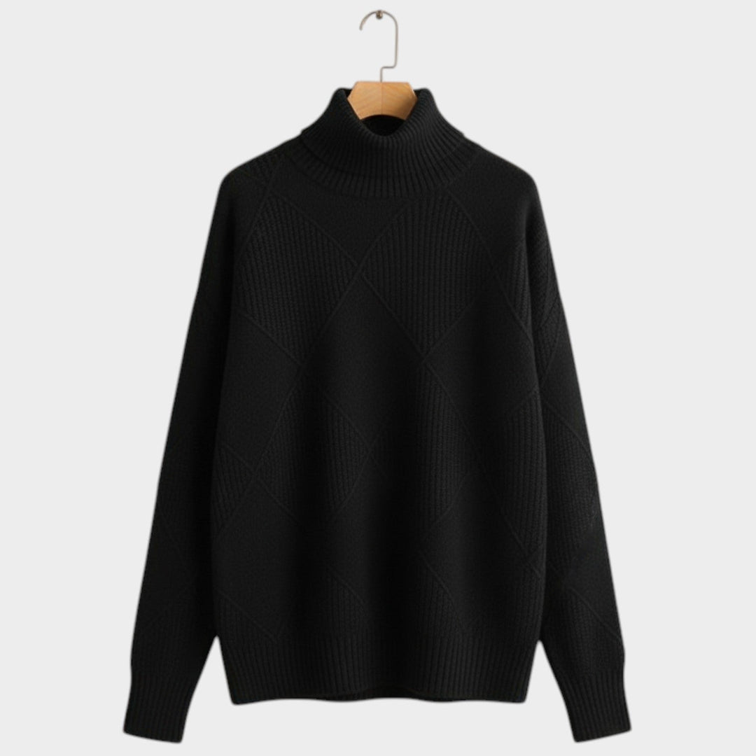 Women's Knit Turtleneck Sweater Diamond Pattern Cozy High Neckline