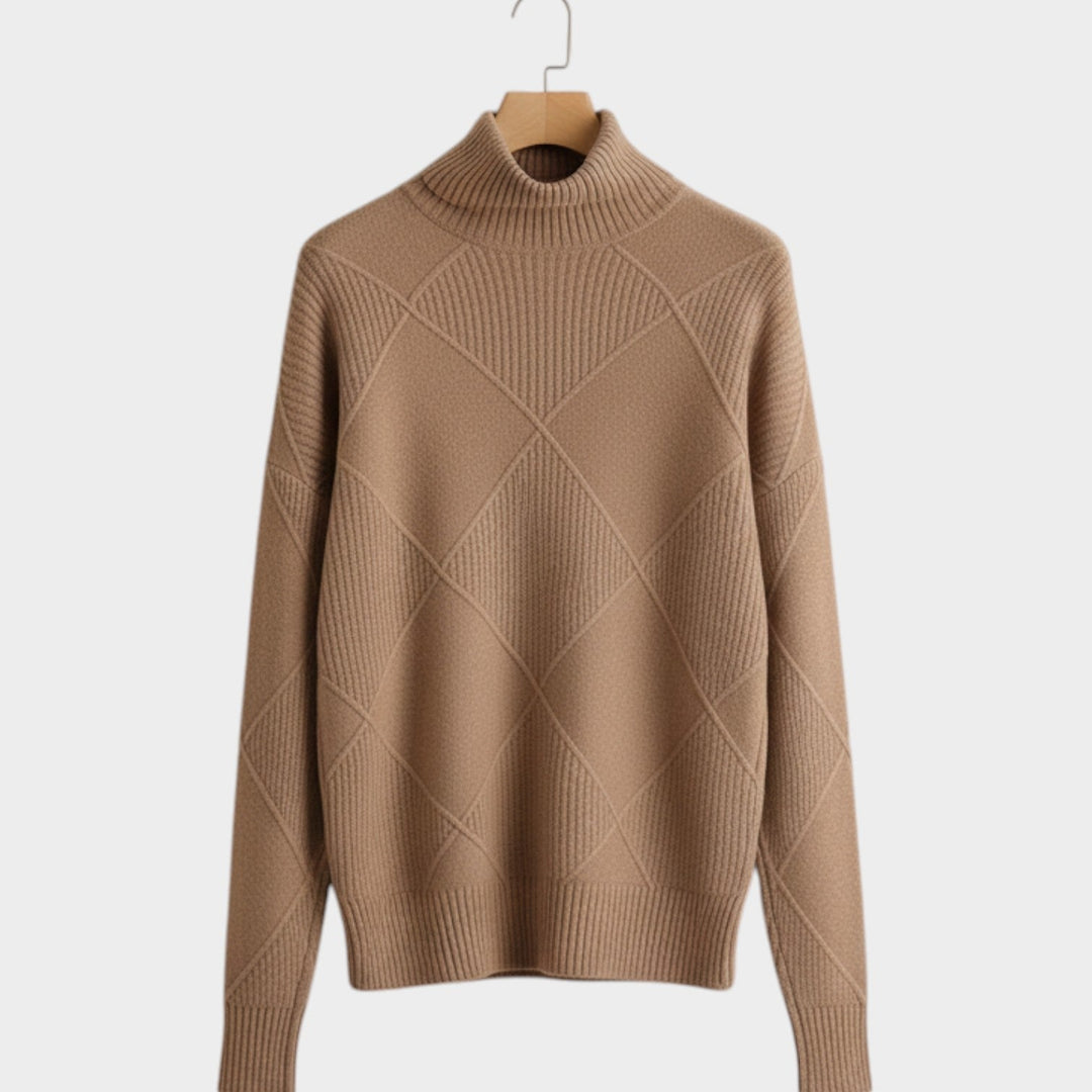 Women's Knit Turtleneck Sweater Diamond Pattern Cozy High Neckline