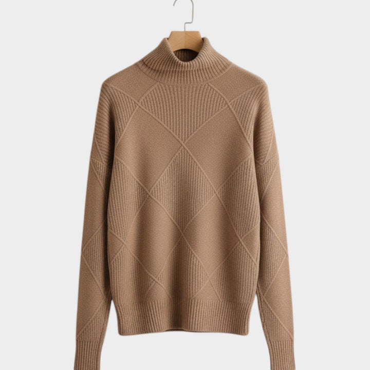 Women's Knit Turtleneck Sweater Diamond Pattern Cozy High Neckline