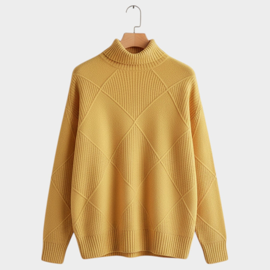 Women's Knit Turtleneck Sweater Diamond Pattern Cozy High Neckline