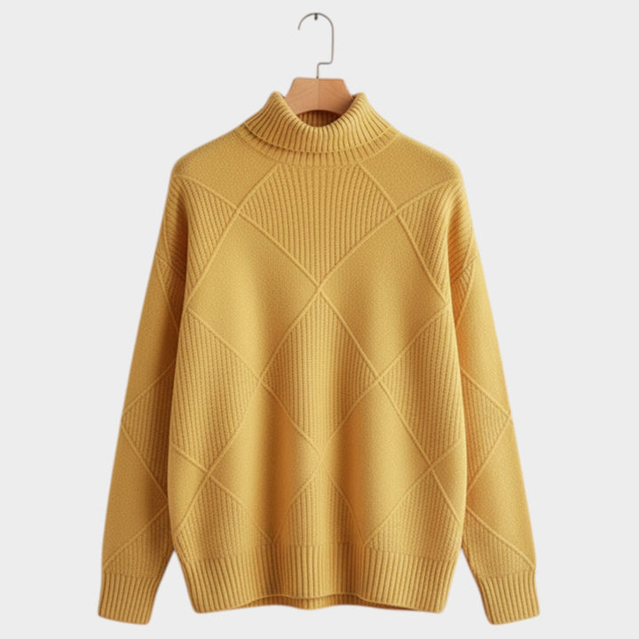 Women's Knit Turtleneck Sweater Diamond Pattern Cozy High Neckline
