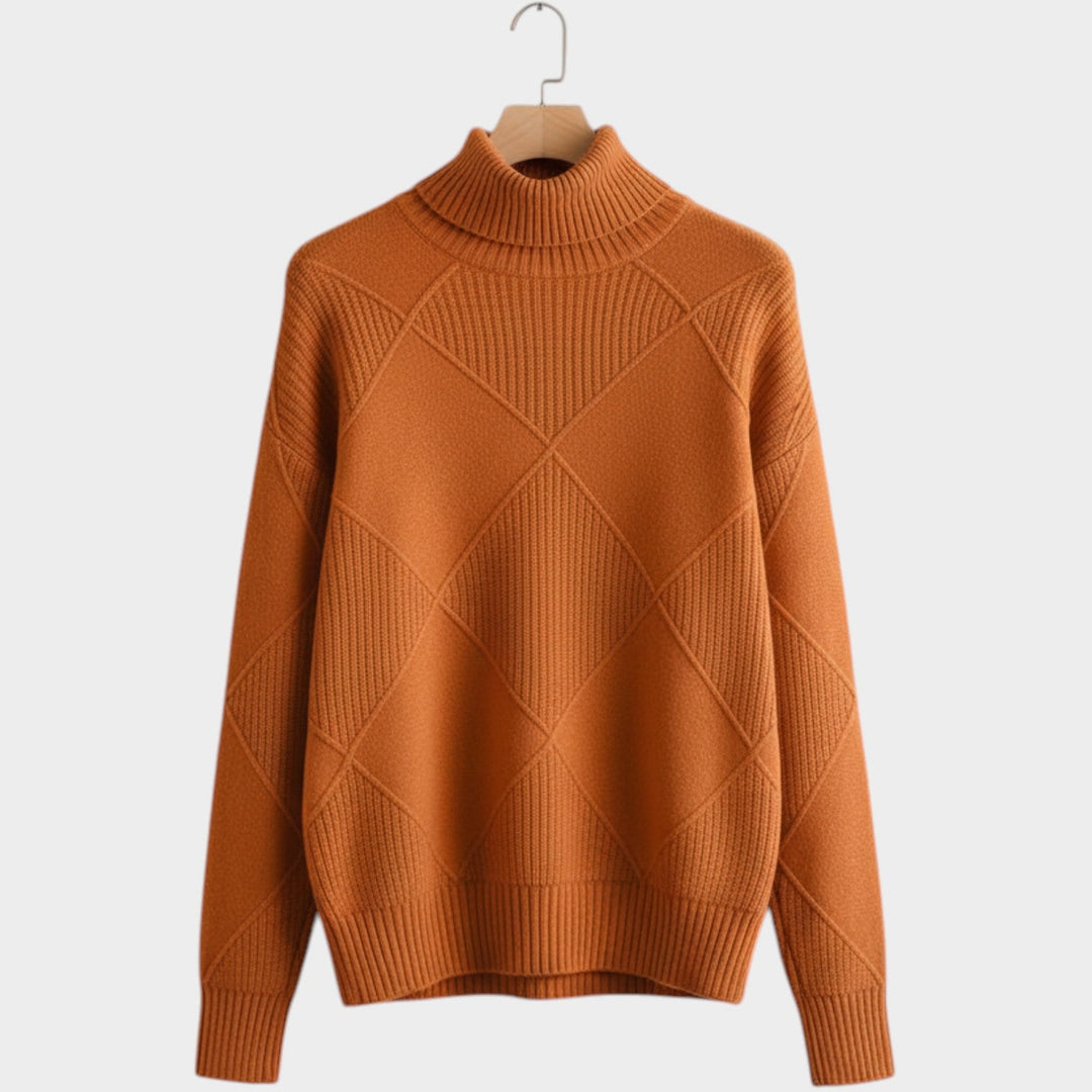 Women's Knit Turtleneck Sweater Diamond Pattern Cozy High Neckline