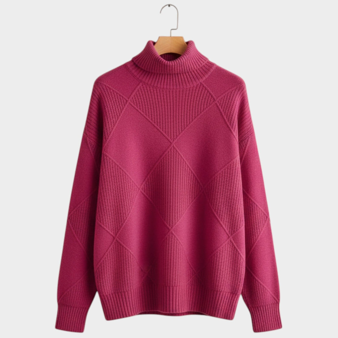 Women's Knit Turtleneck Sweater Diamond Pattern Cozy High Neckline