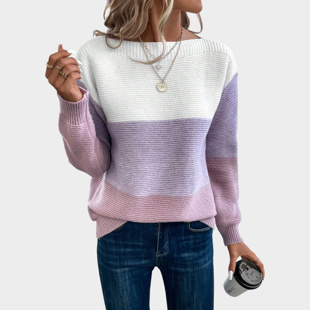 Women's Knit Crew Neck Sweater Color Block Long Sleeves