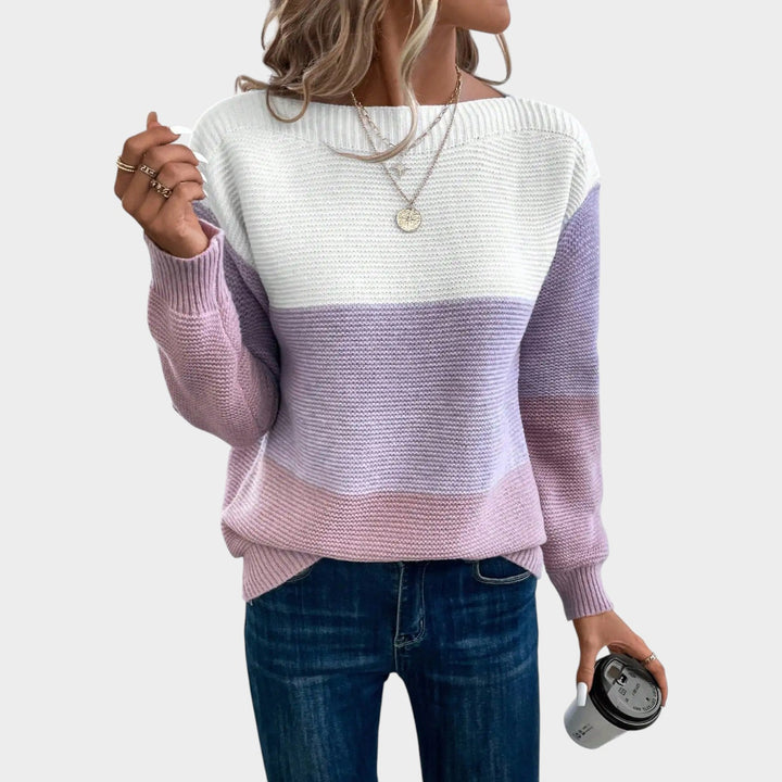 Women's Knit Crew Neck Sweater Color Block Long Sleeves
