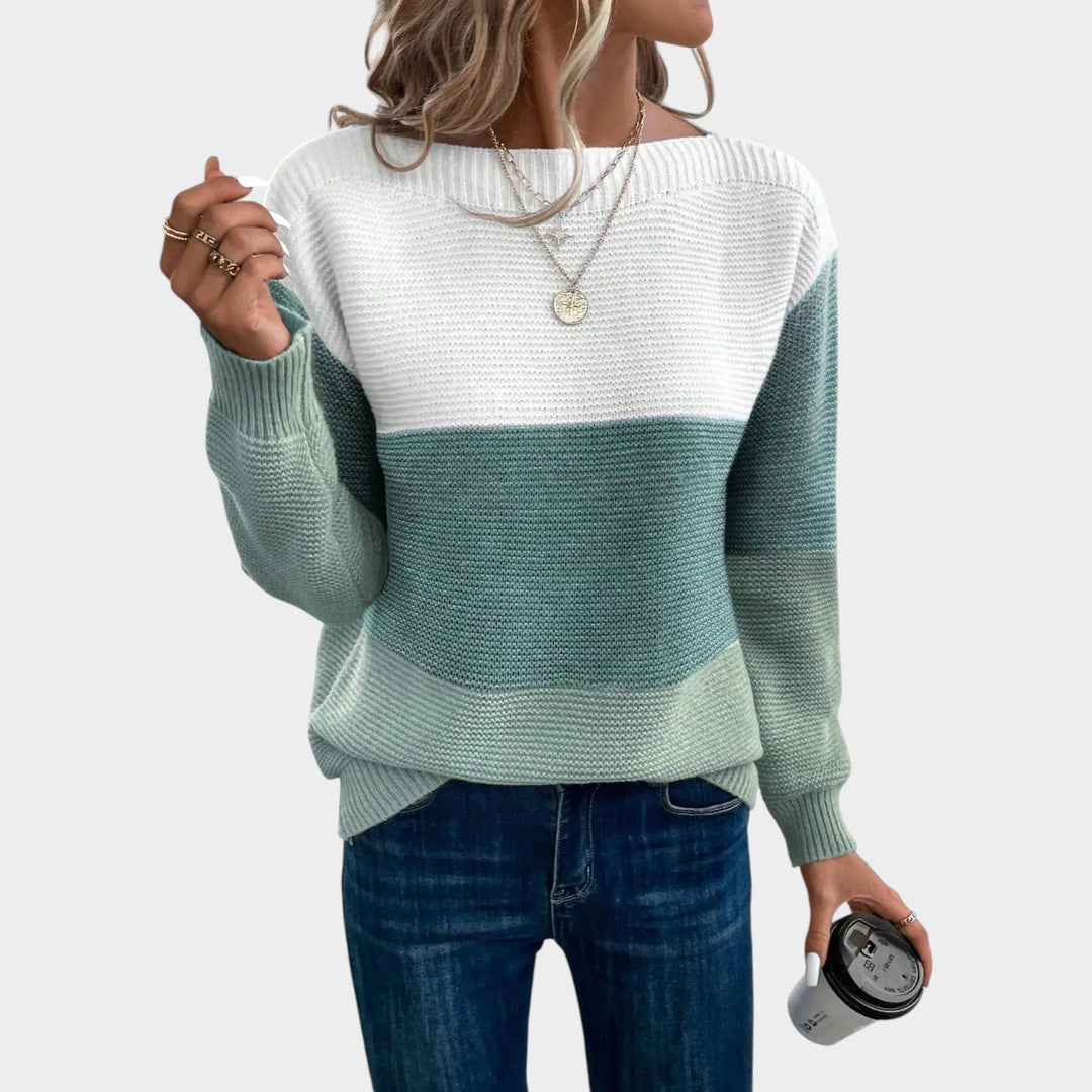 Women's Knit Crew Neck Sweater Color Block Long Sleeves