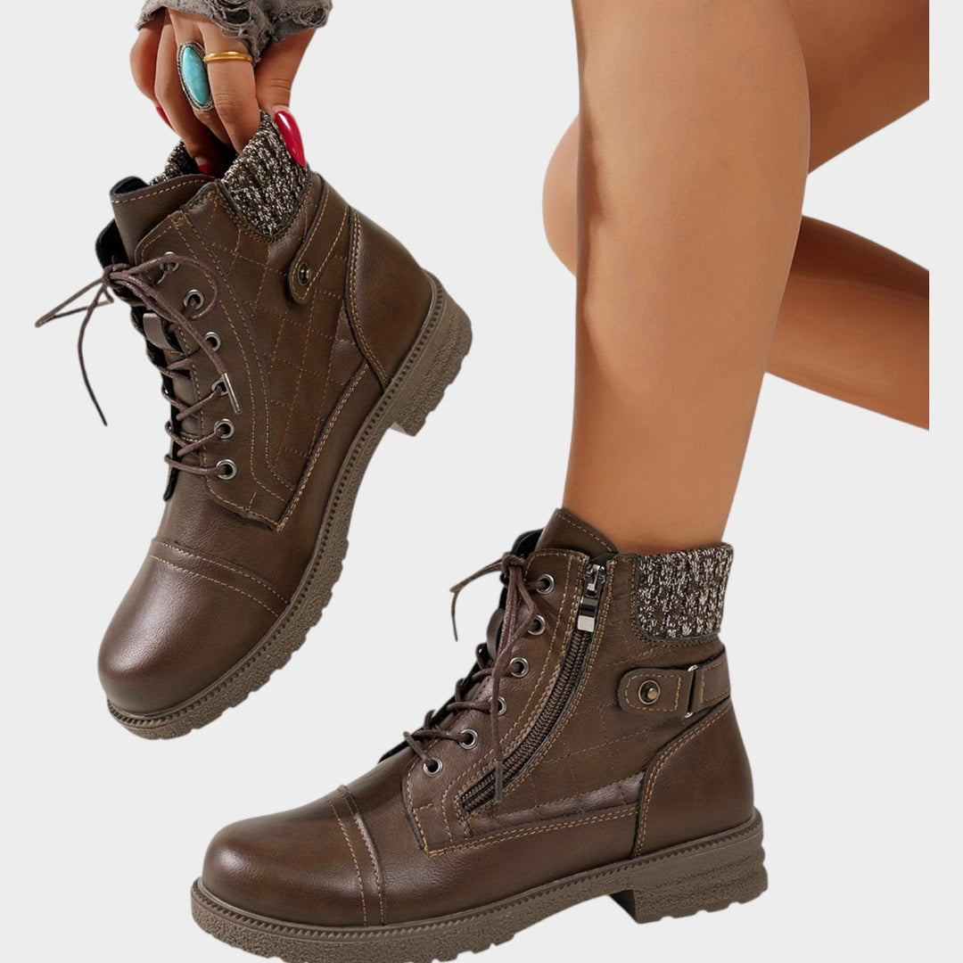 Women’s Ankle Boots Winter Plaid Embroidered Lace Up Side Zip