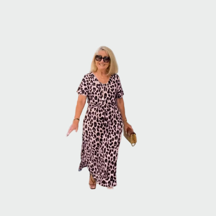 Dress with Leopard Print and Impressive V-Shaped Neckline