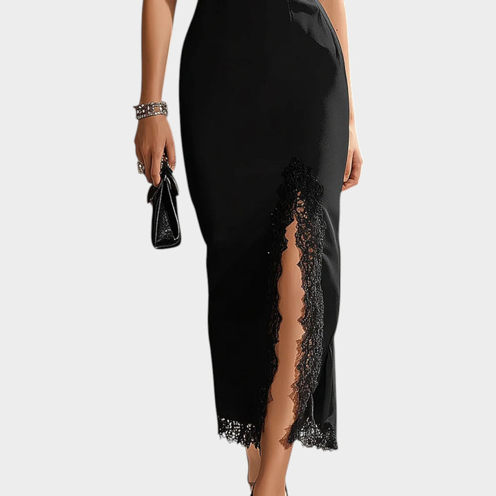 Lace Detail High-Neck Midi Dress